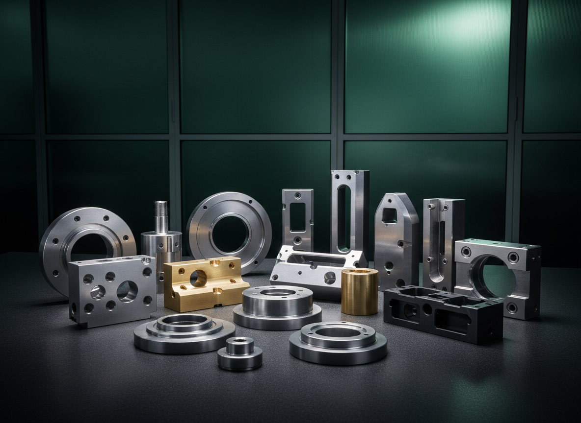 Complex multi-material CNC machined parts arranged on a dark surface in an industrial setting