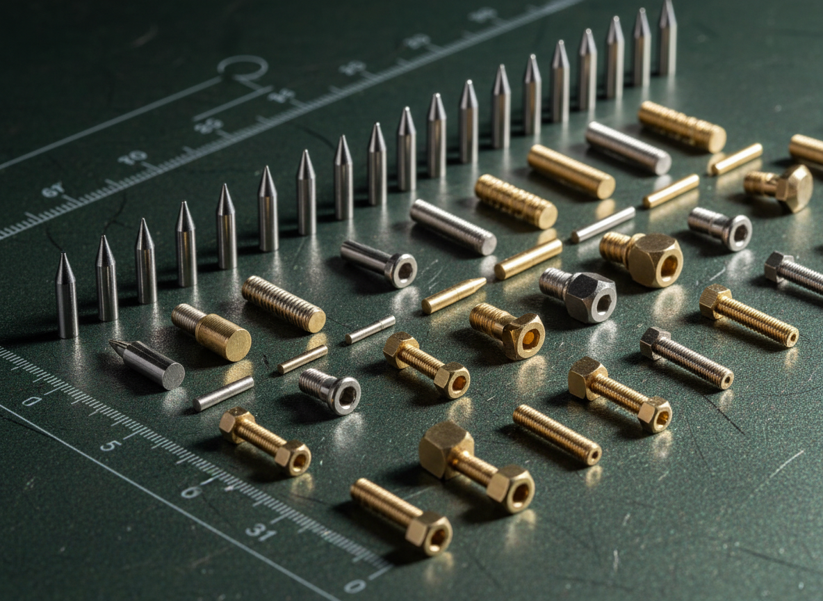 Small Swiss-machined precision parts including screws, pins, and nuts laid out on a measuring surface