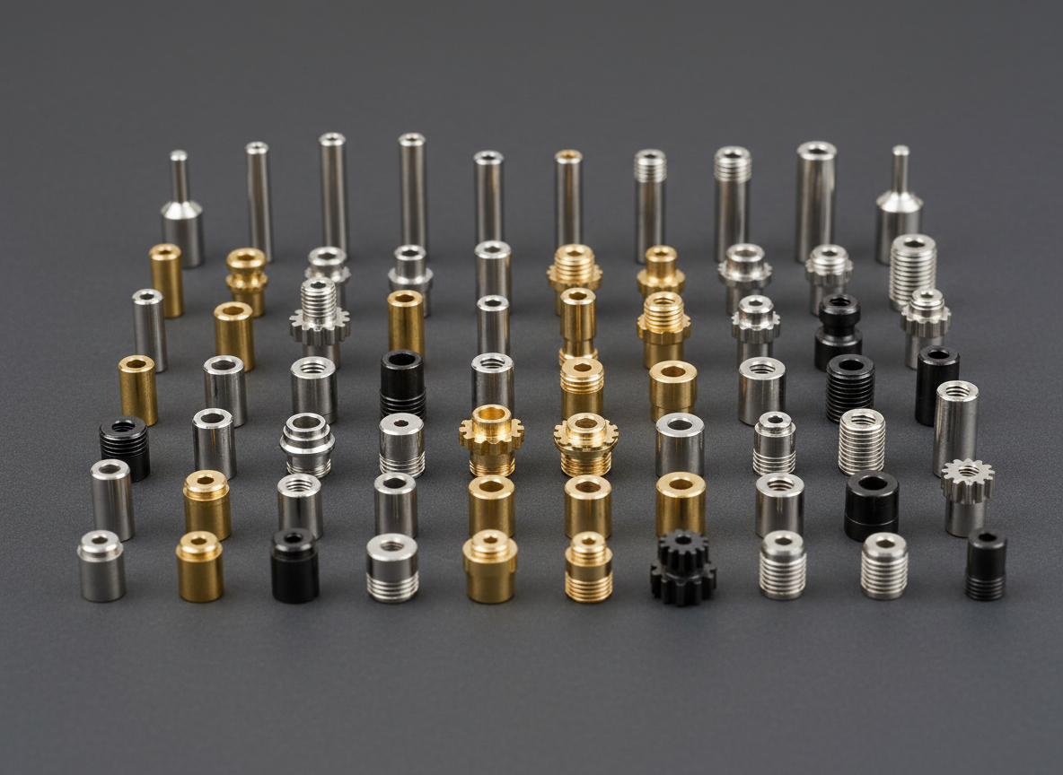 A professional industrial product photograph of an assortment of very small, intricate Swiss-style CNC machined and sliding-headstock turned metal parts, including slender pins, miniature shafts, tiny bushings, precision fittings, and complex miniature components. Show varied metallic materials such as stainless steel, aluminum, brass, and dark steel. Arrange the parts neatly on a clean matte dark gray surface with crisp studio lighting, sharp macro detail, realistic manufacturing photography, no people, no text, no logos.