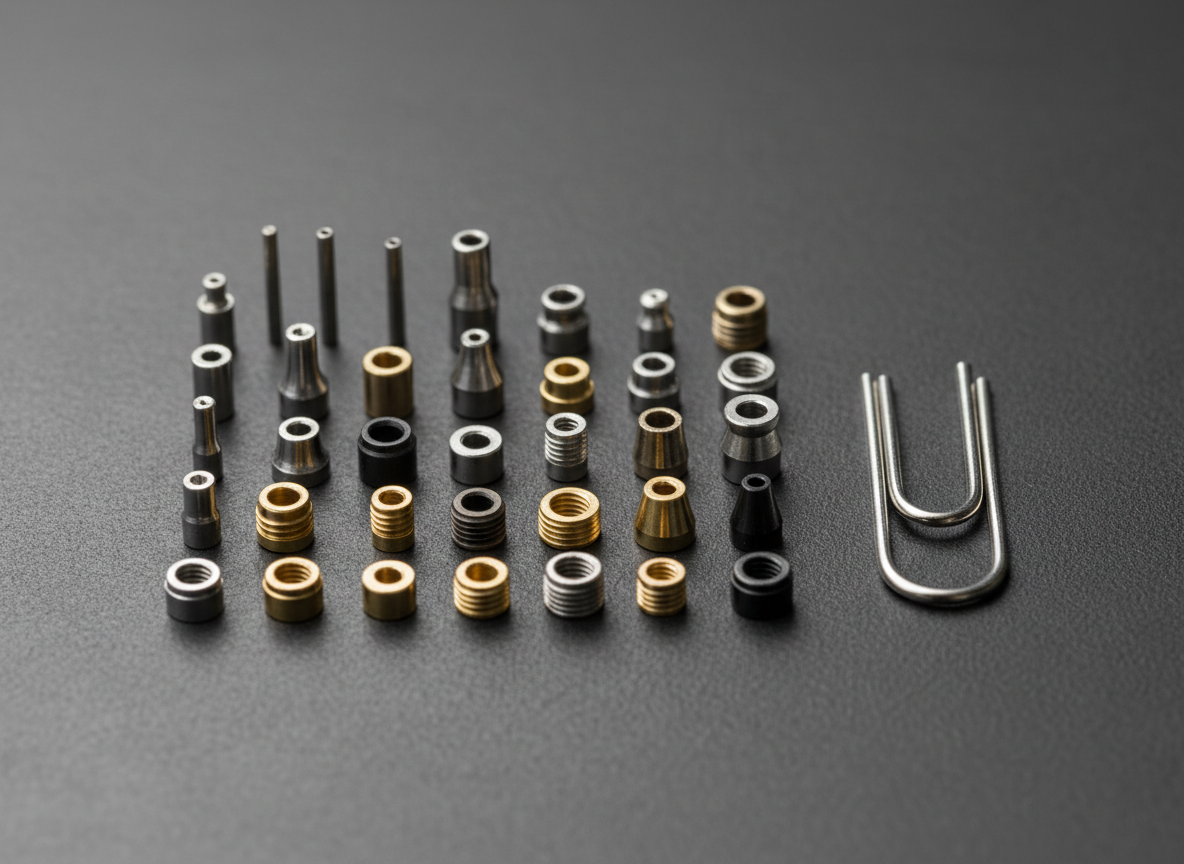 Extremely small Swiss and sliding-headstock machined parts beside a silver paper clip for scale.