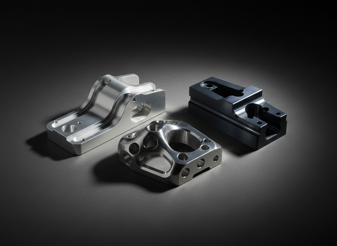 Five-axis machined metal parts with complex multi-surface geometry.